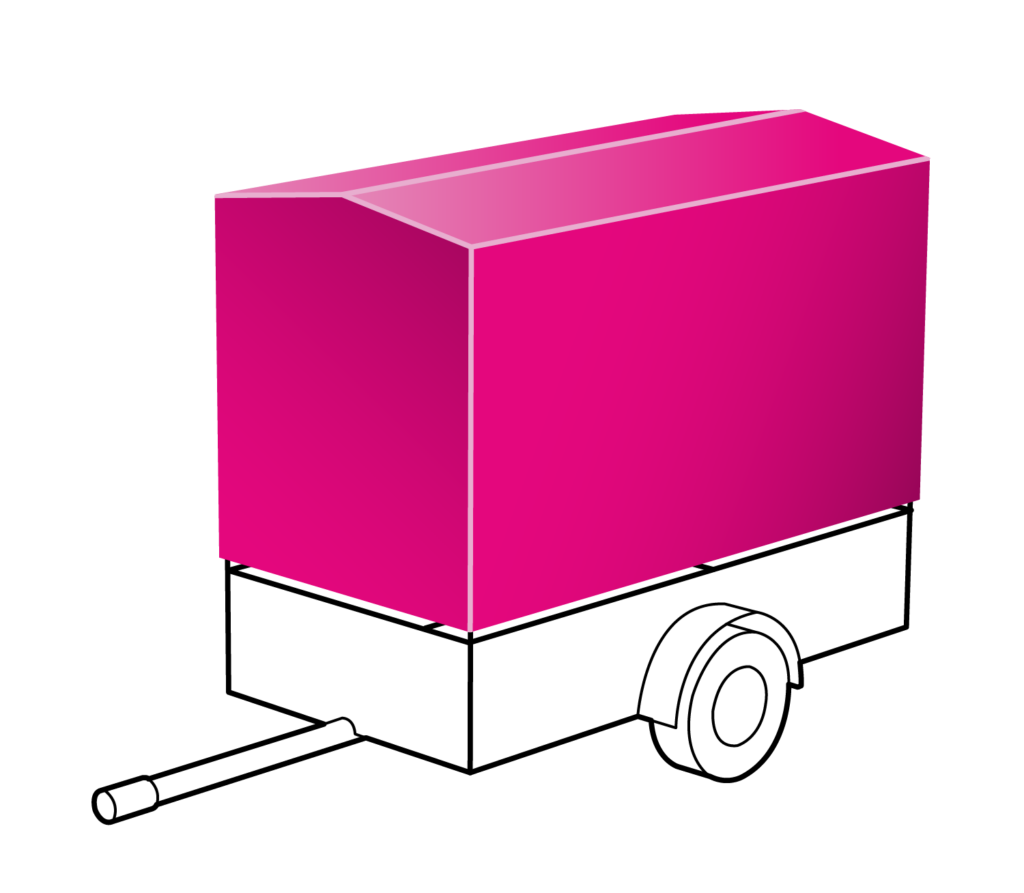 Anhängerplane als Hochplane mit Satteldach für verbesserten Wasserablauf und Witterungsschutz.