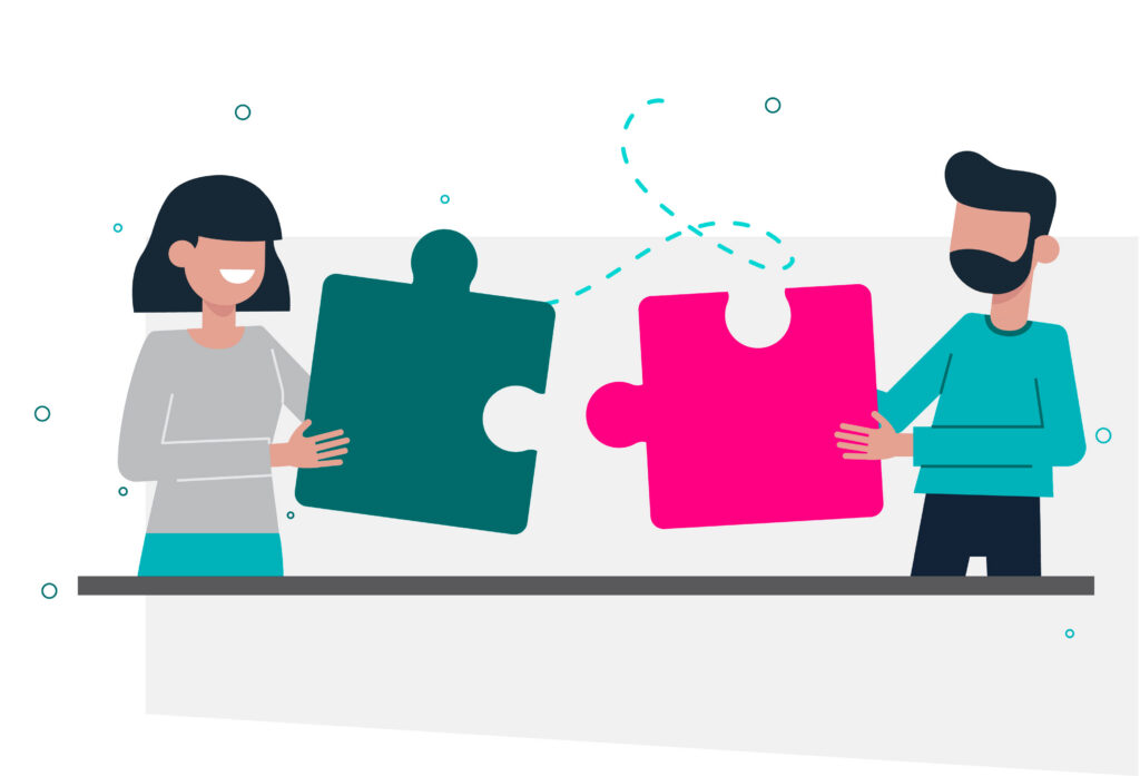 Illustration zur kompatiblen Anhängerplane für verschiedene Anhängermodelle mit Puzzle-Teilen als Symbol für Passgenauigkeit.