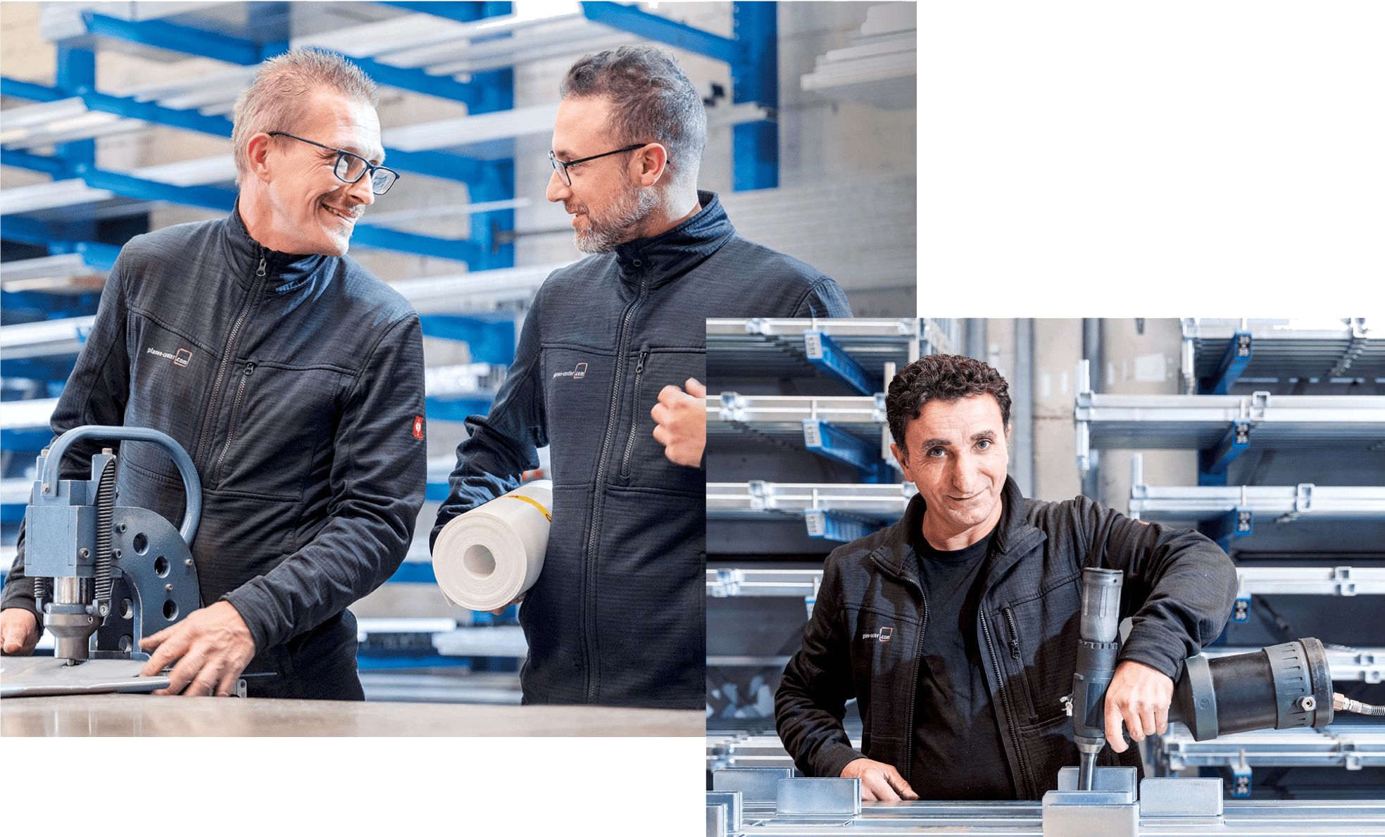 Mitarbeiter im Unternehmen bei der Fertigung und Verarbeitung von Planen- und Spriegelkomponenten in der Produktionshalle